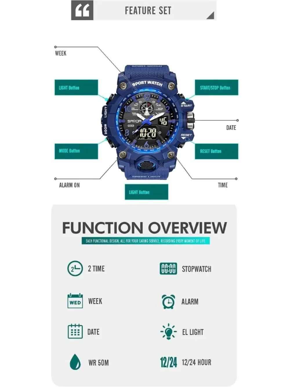 Men's Waterproof Military Sports Watch - Multi-Function LED Alarm & Stopwatch